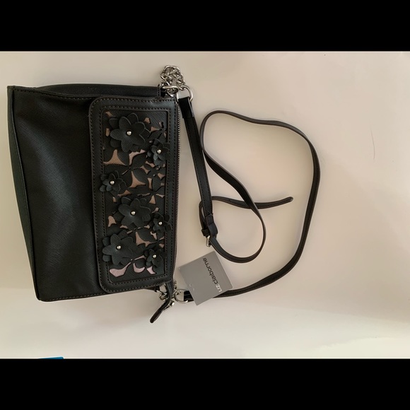 LC Liza Claiborne Black Liza Floral on Gold Tone Background Crossbody Purse - Picture 11 of 12